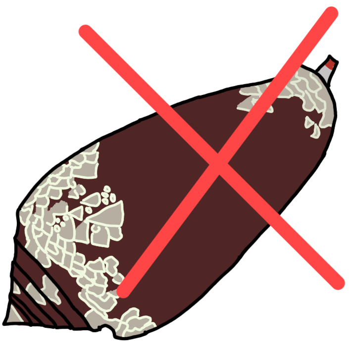 A drawing of a cone snail with a bright red X over it. The snail has a mostly brown shell but the front and back of the shell have splotches that are grayish white scattered about. The splotches are outlined in an off white color